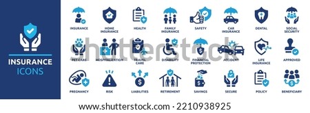 Insurance and assurance icon set. Containing healthcare medical, life, car, home, travel insurance icons. Solid icons vector collection. Royalty-Free Stock Photo #2210938925