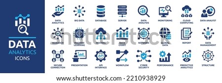 Data analytics icon set. Big data analysis technology symbol. Containing database, statistics, analytics, server, monitoring, computing and network icons. Solid icons vector collection. Royalty-Free Stock Photo #2210938929