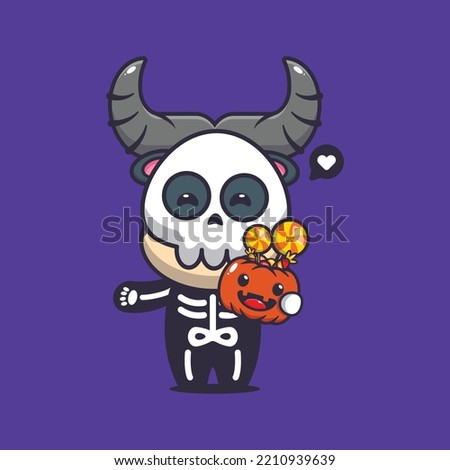 Cute buffalo with skeleton costume holding halloween pumpkin. Cute halloween cartoon illustration. 