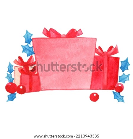 Red gift box, red bow, berry and Holly leaves watercolor illustration for decoration on Christmas holiday festival.
