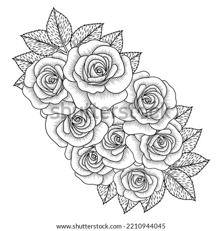flowers rose hand drawn coloring page with decorative stylish line art vector design. floral bunch with roses and leaves easy sketches. red rose outline pencil art of adult coloring page flower. 
