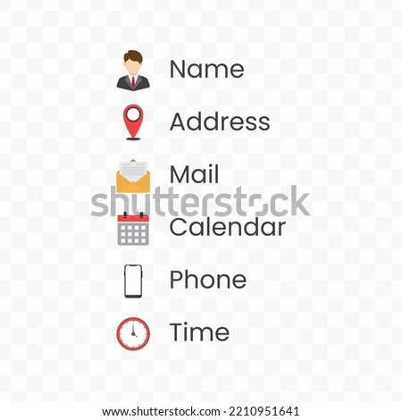 Name, Address, Mail, Calendar, Phone, Time Vector illustration of colored icons on transparent background(png).