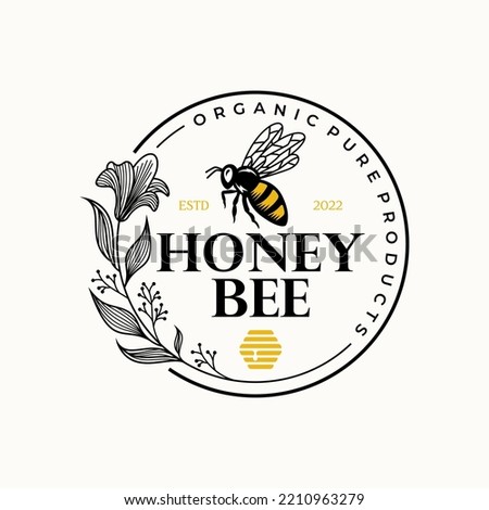 Hand Drawn Honey Bee with Flowers Logo Inspirations Vector illustration. Honey label design. Concept for organic honey products, package design. Royalty-Free Stock Photo #2210963279