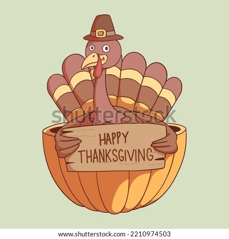 Happy Thanksgiving Day. Funny Thanksgiving Turkey bird cartoon character holding a board in the pumpkin