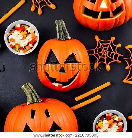 Fun Halloween dinner party, dark wood banner background. Above view. Pizza, spaghetti, snacks and spooky punch.