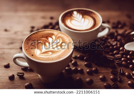 two cups of coffee on a table with coffee beans, two cups of coffee sit next to a couple of coffee beans. seamless texture Royalty-Free Stock Photo #2211006151