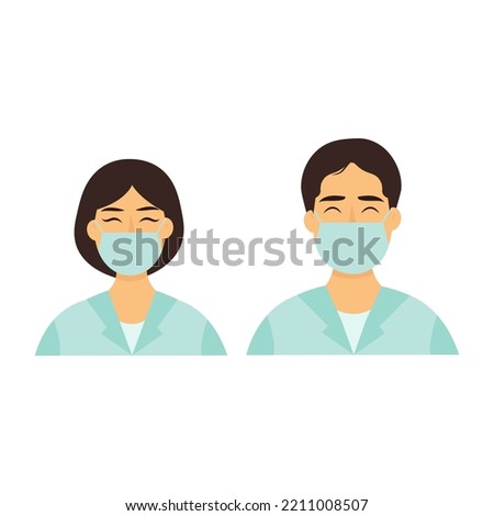 Doctors avatars in uniform. Flat style Asian male and female. Vector illustration isolated on white background