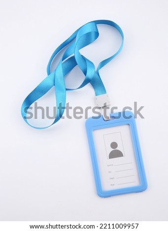 Business name tag (identity badge). Plastic card blank on rope. Corporate access template.