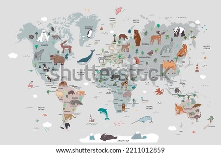 Animals with world map and names of the countries