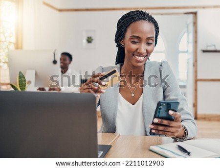 Credit card, smartphone and business black woman with fintech for online easy payment, loan application or digital banking. Ecommerce, online shopping website and corporate worker check credit score Royalty-Free Stock Photo #2211012903