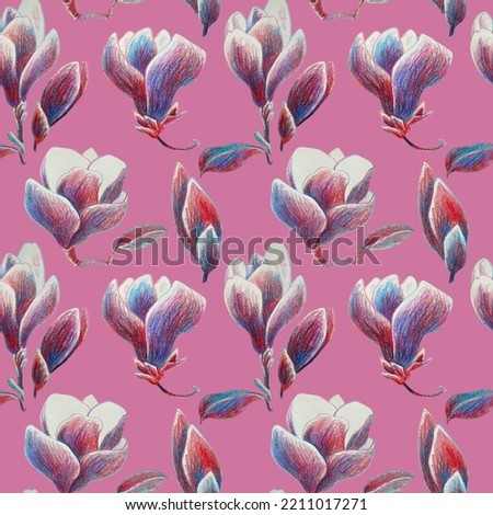 Seamless pattern of Magnolia Flowers on a pink background. Drawn with colored pencils in blue and red. For fabric, sketchbook, wallpaper, wrapping paper.