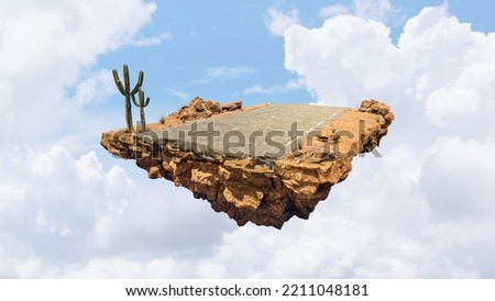 Fantasy island floating in the air with cloudy sky. Desert scene with asphalt road and cactus. Royalty-Free Stock Photo #2211048181