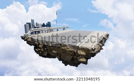 Fantasy floating island in the air with modern city skyline, asphalt road. Cloudy surrounding. 