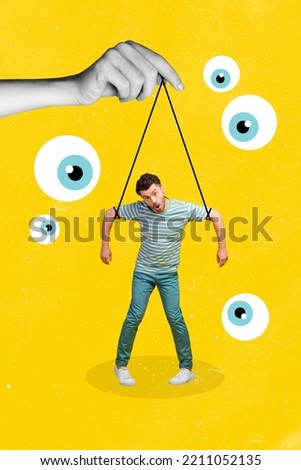 Vertical collage image of big human arm black white gamma hold strings mini guy painted eyes watching isolated on yellow background