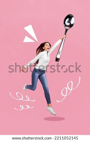 Vertical collage image of excited overjoyed girl jump hold huge spoon isolated on drawing pink background