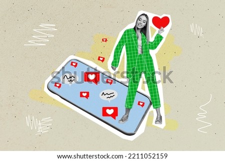 Creative collage photo of fancy nice girl get likes in telegram instagram facebook watsapp twitter isolated on beige color background