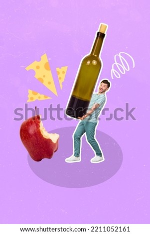 Vertical collage picture of excited positive guy arms hold huge wine bottle bitten apple pieces cheese isolated on purple background