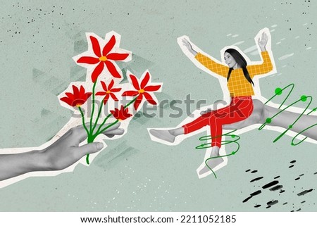 Creative photo 3d collage poster postcard artwork of beautiful girl sit big hand rejoice surprise flowers isolated on painting background
