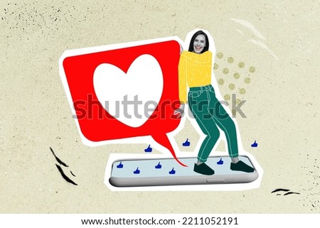 Creative photo 3d collage poster postcard artwork of funny funky girl stand telephone touchscreen menu isolated on painting background