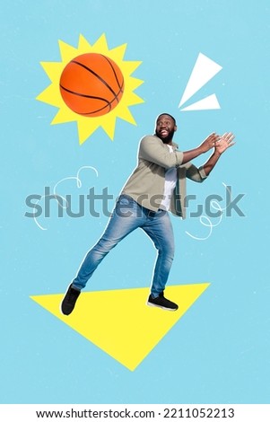 Vertical collage portrait of excited positive guy arms catch basketball isolated on drawing creative background