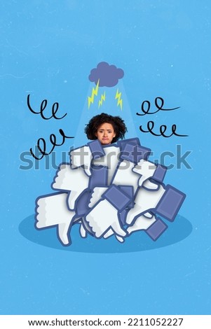 Vertical collage picture of unsatisfied girl sullen face under thunder cloud pile stack dislike thumbs down isolated on blue background