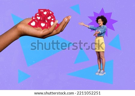 Composite collage illustration of excited mini girl receive big arm hold like notifications facebook instagram whatsup isolated on drawing background