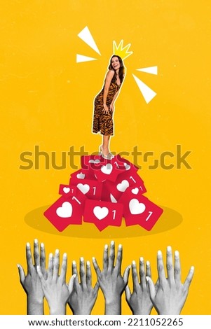 Vertical collage picture of gorgeous girl stand stack like notifications  messenger telegram black white colors human arms isolated on yellow background