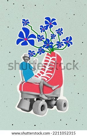 Creative artwork collage photo of good mood positive funny man siting riding on rollers waving hand isolated on blue color background