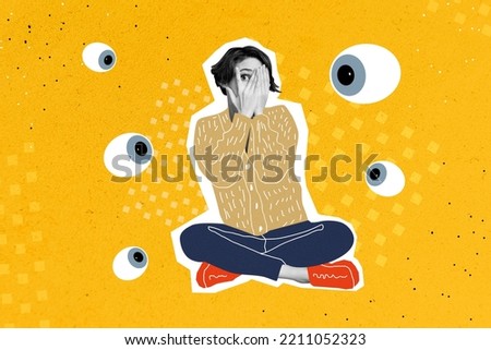 Creative photo collage illustration of nice cute shy girl sitting palms cover face big eyes watch isolated on orange color background Royalty-Free Stock Photo #2211052323