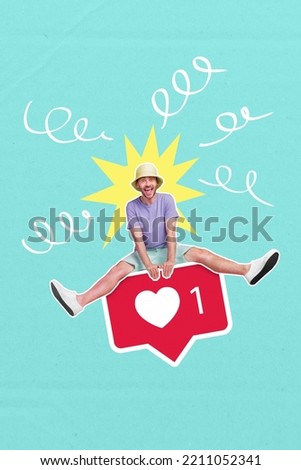 Vertical image of excited guy sit big like notification    isolated on creative painted background