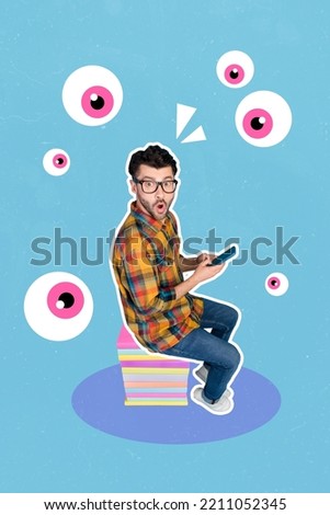 Vertical collage image of impressed guy sit pile stack book hold use telephone big flying eyes spying isolated on painted background