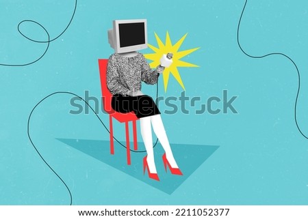 Composite collage image of sitting chair girl tv monitor instead head hold microphone isolated on creative background