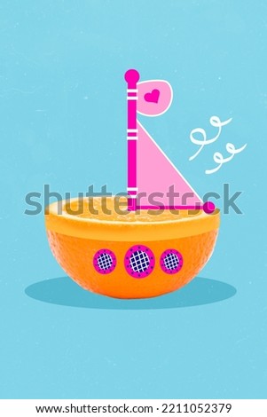 Vertical collage illustration of half fresh orange fruit drawing boat ship isolated on creative painted background