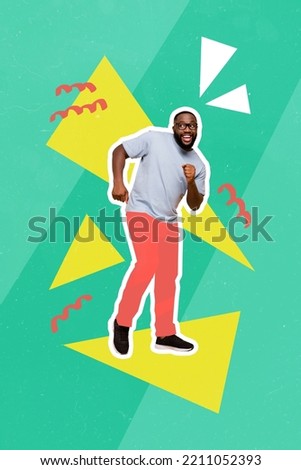 Vertical collage portrait of cheerful carefree guy enjoy dancing partying isolated on drawing creative background