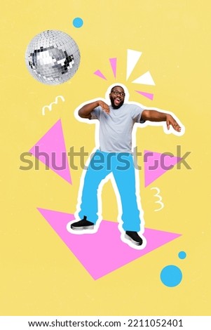 Vertical collage portrait of positive satisfied guy dancing clubbing disco ball isolated on painted creative background