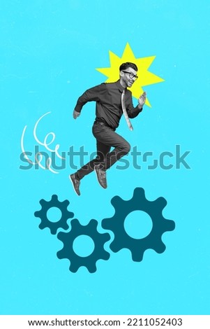 Vertical collage picture of excited guy black white effect running hurry drawing configuration gear isolated on creative background