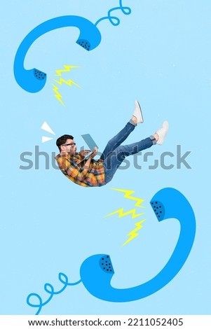 Vertical collage photo of impressed excited guy hold laptop falling phone handsets noisy calls isolated on turquoise color background