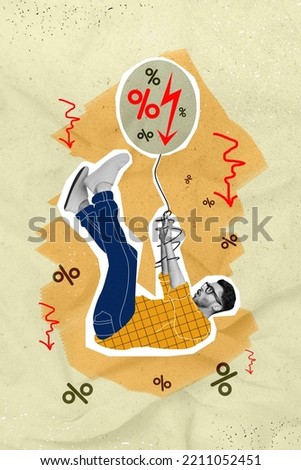 Collage photo of young funny excited trader man wear painted outfit arrow down inflation crisis economic problems isolated on yellow color background