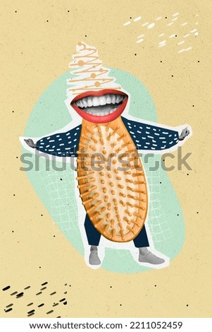Creative collage photo of funny funky carefree relaxed positive woman mouth instead head brush body isolated on beige color background