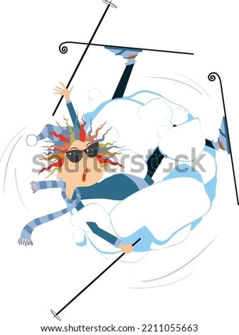Illustration of cartoon skier and a big snowdrift. 
A falling skier woman rolls inside a large snowdrift. Isolated on white background
