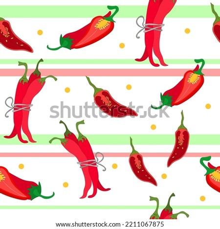 Seamless pattern of pepper pods in bundle, slices and halves of red chili pepper. Hot pepper, paprika and spices. striped pattern of the cover, advertising, blog, menu and print on fabric. Vector