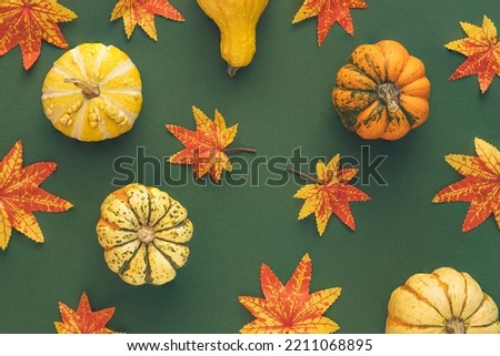 Autumn or fall scene background with leaves and pumpkins. Minimal nature seasonal concept. Thanksgiving composition, Flat lay.
