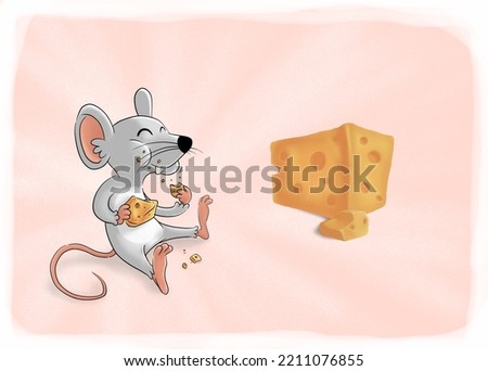 Digital illustration of a mouse eating cheddar cheese happily. Cute happy mouse eating cheese cartoon drawing for children book.
