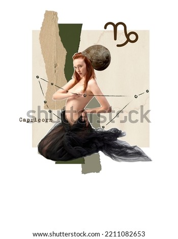 Contemporary art collage. Creative design. Young tender redheaded woman symbolizing Capricorn zodiac sign. Retro style. Horoscope abstract art. Concept of characters, astrology, surrealism, beauty