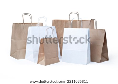 Different types of white and brown Paper bag  on white background. Mockup for design. - image