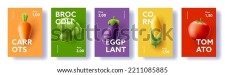 Vegetables posters set, 3d render illustrations of carrot eggplant corn eggplant and broccoli Royalty-Free Stock Photo #2211085885