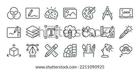 Art, creativity and graphic design related editable stroke outline icons set  isolated on white background flat vector illustration. Pixel perfect. 64 x 64. Royalty-Free Stock Photo #2211090925