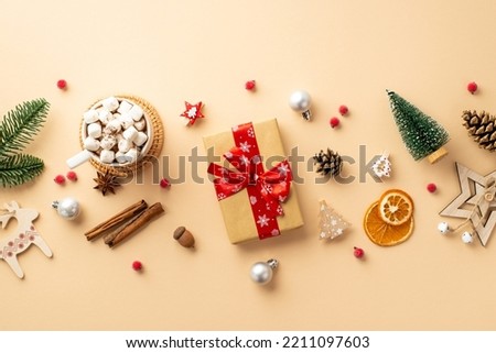 Christmas concept. Top view photo of craft paper giftbox with bow baubles wood ornaments acorns pine branch cone mug of cocoa mistletoe dried citrus slices and cinnamon on isolated beige background