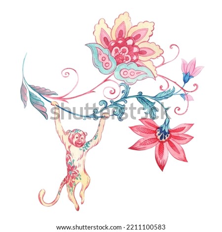 Beautiful floral composition with hand drawn watercolor flower elements painted in old traditional turkish arabesque style. Stock clip art illustration.