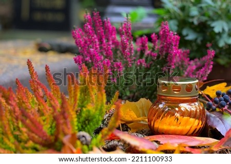 An orange candle on a grave in a cemetery on an autumn day. All Saints Day. Copy space, shallow depth of field. Royalty-Free Stock Photo #2211100933